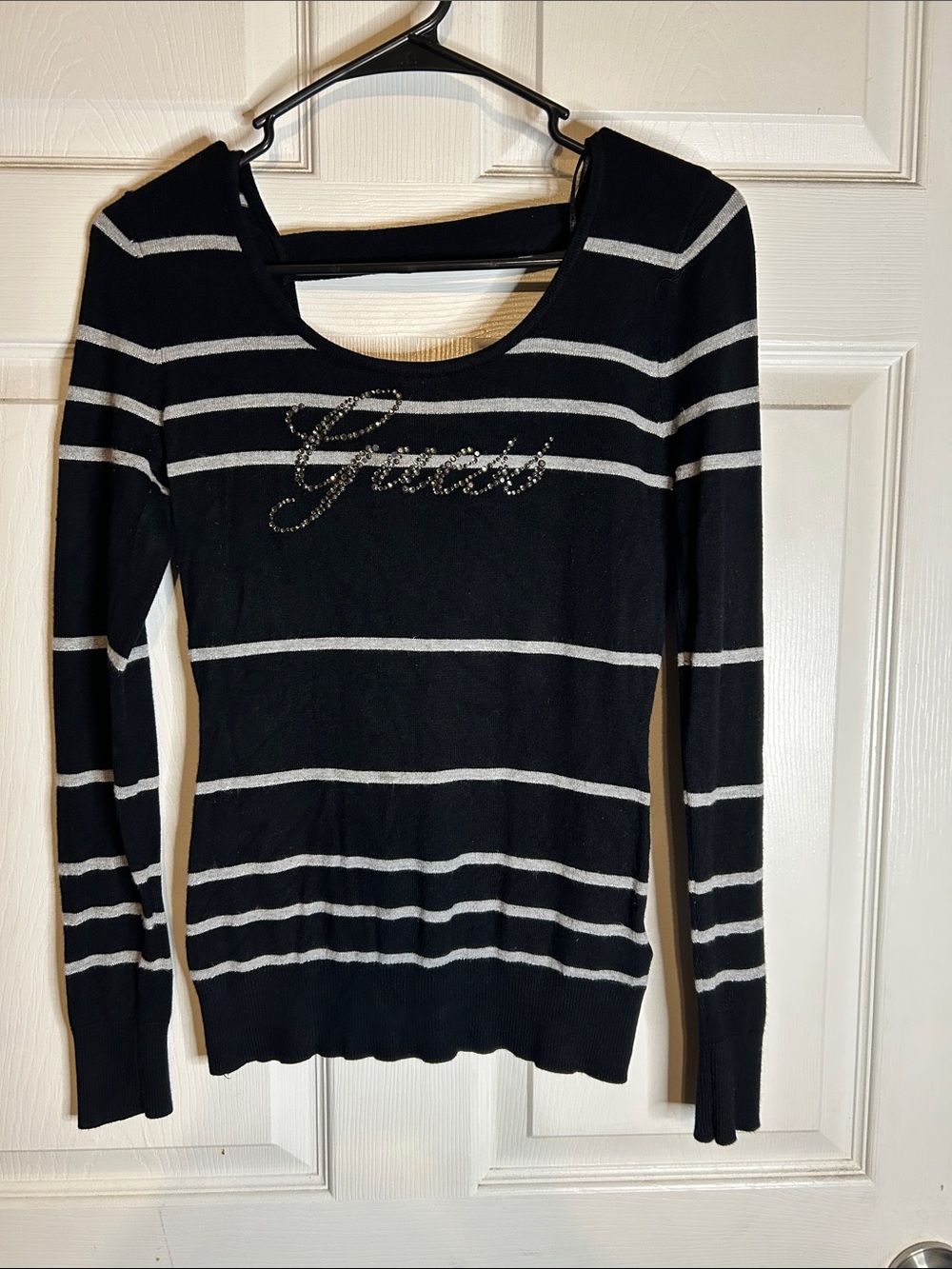 Guess Black and Gray Striped Scoop Neck Sweater with Rhinestone Script